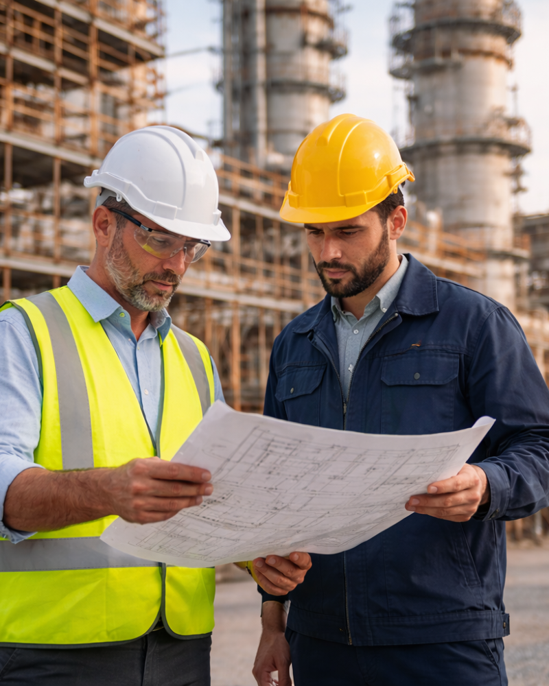 Engineers reviewing plans at construction site